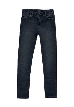 Donkerblauwe denim jeans met een slim fit, vijf-pocketontwerp, knoopsluiting aan de voorkant en subtiele vervaagde details op de dijen.