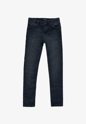 Donkerblauwe denim jeans met een slim fit, vijf-pocketontwerp, knoopsluiting aan de voorkant en subtiele vervaagde details op de dijen.