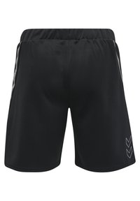 Black athletic shorts with a smooth texture, featuring a grey side stripe and a chevron logo on the bottom right leg.