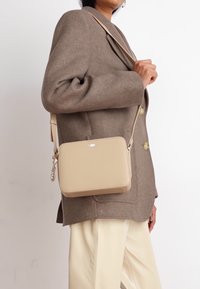 Borsa a tracolla beige realizzata in materiale sintetico liscio, con forma rettangolare, dettaglio del logo e tracolla regolabile.
