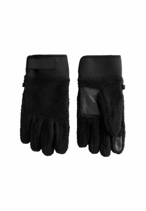 Fekete polár kesztyűpár bőrfoltokkal a tenyéren és állítható csuklópántokkal.