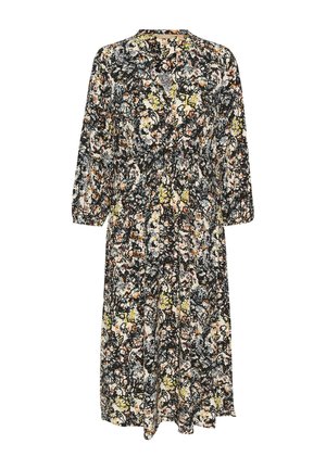 Cvečna obleka z dolgimi rokavi, ki ima črno ozadje z večbarvnimi vzorci. Izdelana iz lahkega materiala z gumbnim zapiranjem spredaj in sproščenim krojem.