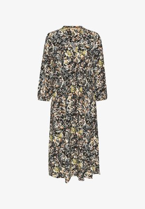 Blomstret kjole med lange ærmer, der har en sort baggrund med multifarvede mønstre. Fremstillet af let materiale med knaplukning foran og en afslappet pasform.