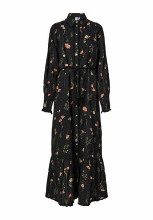 Sort langærmet maxikjole med pink og grøn blomstret print, knaplukning foran, snøre i taljen, flæsekant og smockede manchetter.