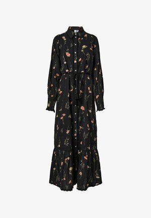 Sort langærmet maxikjole med pink og grøn blomstret print, knaplukning foran, snøre i taljen, flæsekant og smockede manchetter.