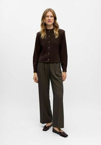 Cardigan marron à boutons avec un col rond, associé à un pantalon large plissé vert et des chaussures plates marron foncé. Texture de tissu lisse.