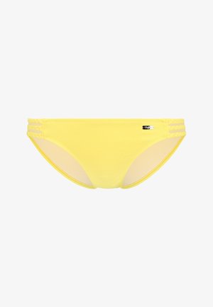 Gelber Bikini-Unterteil aus glattem Stoff mit mittelhohem Schnitt, verziert mit geflochtenen Akzenten an den Seiten und einem kleinen Logotag.