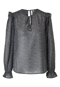 Blouse noire avec de longues manches bouffantes, en tissu doux, ornée d'un motif floral blanc, détail en trou de serrure à l'arrière et poignets à volants.