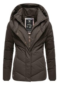 Brown padded jacket with a large hood, zip closure, diagonal quilted pattern, and branded tag inside. Features a sleek design and smooth texture.