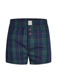Boxer en coton avec un motif à carreaux verts et bleu marine, doté de deux boutons rouges et d'une taille élastique pour plus de confort.