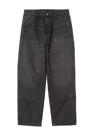 Pantaloni da lavoro neri con rinforzi sulle ginocchia, tasche frontali, passanti per cintura e chiusura con bottone in vita.