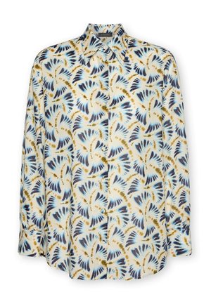 Langærmet skjorte med knapper og spids krave, med abstrakte blå og beige vifte-lignende mønstre på en hvid baggrund.