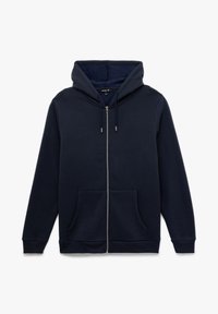 Sudadera con cremallera de color azul marino, con bolsillos frontales, capucha con cordón y puños y dobladillo de canalé, extendida sobre un fondo blanco.