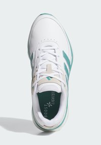 Weißer Sneaker mit türkisfarbenen Akzenten und beigen Details. Verfügt über ein Obermaterial aus Mesh, eine Schnürung und eine gemusterte Innensohle. Runde Zehenform.