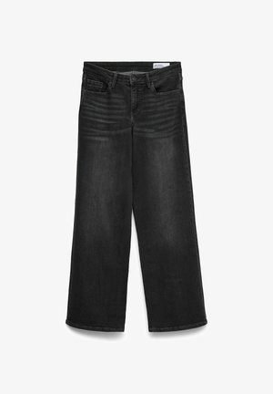 Mustad laia jalaga teksapüksid esikäe- ja münditaskutega, nööpidega kinnitatavad ning sääre ümber peened tuhmuvad detailid.