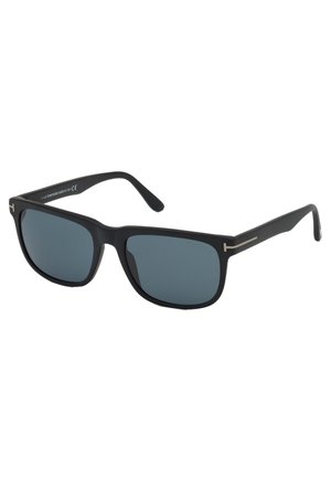 Black rectangular sunglasses with dark gray lenses and matte black frame. Features silver-tone accents on the temples.