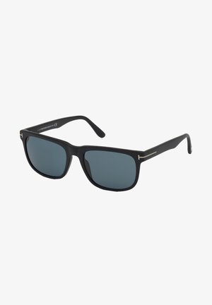 Black rectangular sunglasses with dark gray lenses and matte black frame. Features silver-tone accents on the temples.