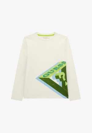 Camicia bianca a maniche lunghe con logo geometrico Guess verde e blu che presenta un punto interrogativo sul lato anteriore destro in basso.