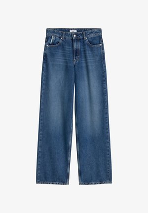 Niebieskie dżinsy z denimu o luźnym, prostym kroju, zapinane z przodu na guzik i zamek błyskawiczny, w stylu z pięcioma kieszeniami, z efektem wyblaknięcia na udach i kolanach.