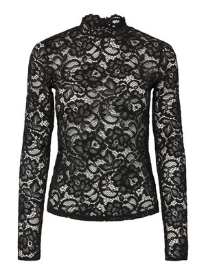 Schwarzes Spitzenoberteil mit langen Ärmeln, hohem Kragen mit Rüschensaum, floralen Mustern und transparenter Textur. Entworfen für eine figurbetonte Silhouette.