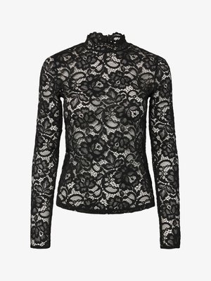 Haut en dentelle noire à manches longues avec col haut agrémenté d'une bordure à volants, motifs floraux et texture transparente. Conçu pour un ajustement près du corps.