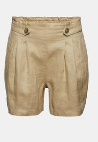 Shorts en lin couleur beige avec plis, taille élastique et détails à pattes boutonnées sur les côtés avant.