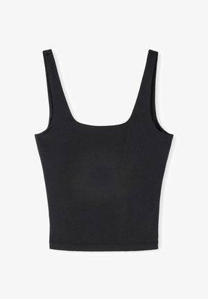 Débardeur noir à larges bretelles, décolleté carré et coupe ajustée. Fabriqué en tissu lisse avec une finition sans coutures pour un rendu épuré.