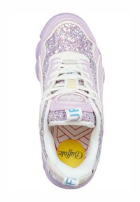 Purple and white sneakers with a glittery upper, white laces, and patterned insole featuring a yellow logo. Rounded toe and padded collar.