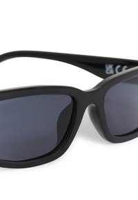 Black rectangular sunglasses with dark tinted lenses and a smooth, thick frame shown against a white background.