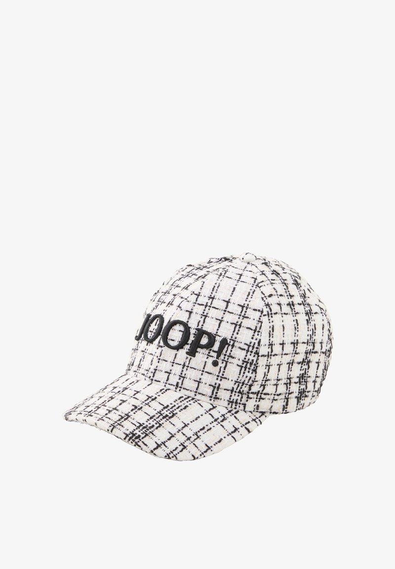 Weiße Kappe mit schwarzem Karomuster, vorne mit schwarzem, gesticktem Schriftzug "JOOP!". Strukturierter Schnitt mit gebogenem Schirm.