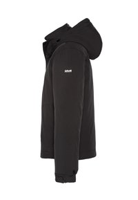 Czarna pikowana kurtka z wysokim kołnierzem, regulowanym kapturem i zapinanymi na guziki mankietami. Posiada naszywkę z logo na lewym rękawie. Gładka tekstura.