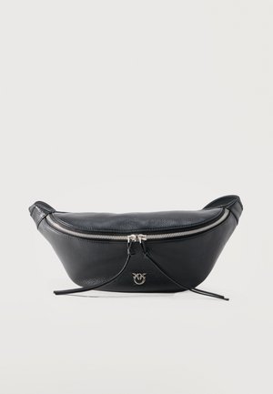 Black leather waist bag with silver zipper, dual zipper pulls, and a small silver emblem on the front center.