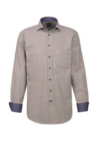 Camicia a maniche lunghe a quadri in beige e blu navy, con colletto button-down, polsini blu navy a contrasto e un logo discreto sul petto.