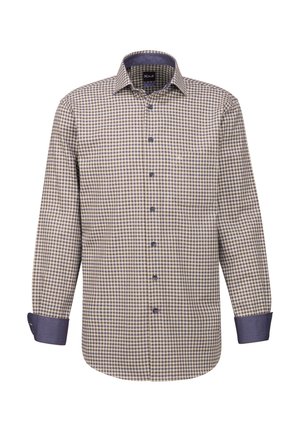 Camicia a maniche lunghe a quadri in beige e blu navy, con colletto button-down, polsini blu navy a contrasto e un logo discreto sul petto.