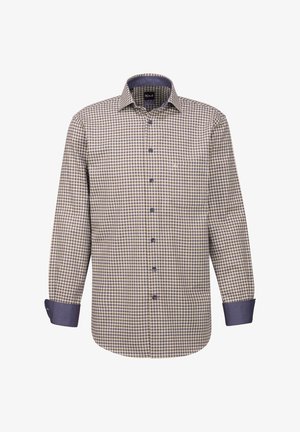 Camicia a maniche lunghe a quadri in beige e blu navy, con colletto button-down, polsini blu navy a contrasto e un logo discreto sul petto.