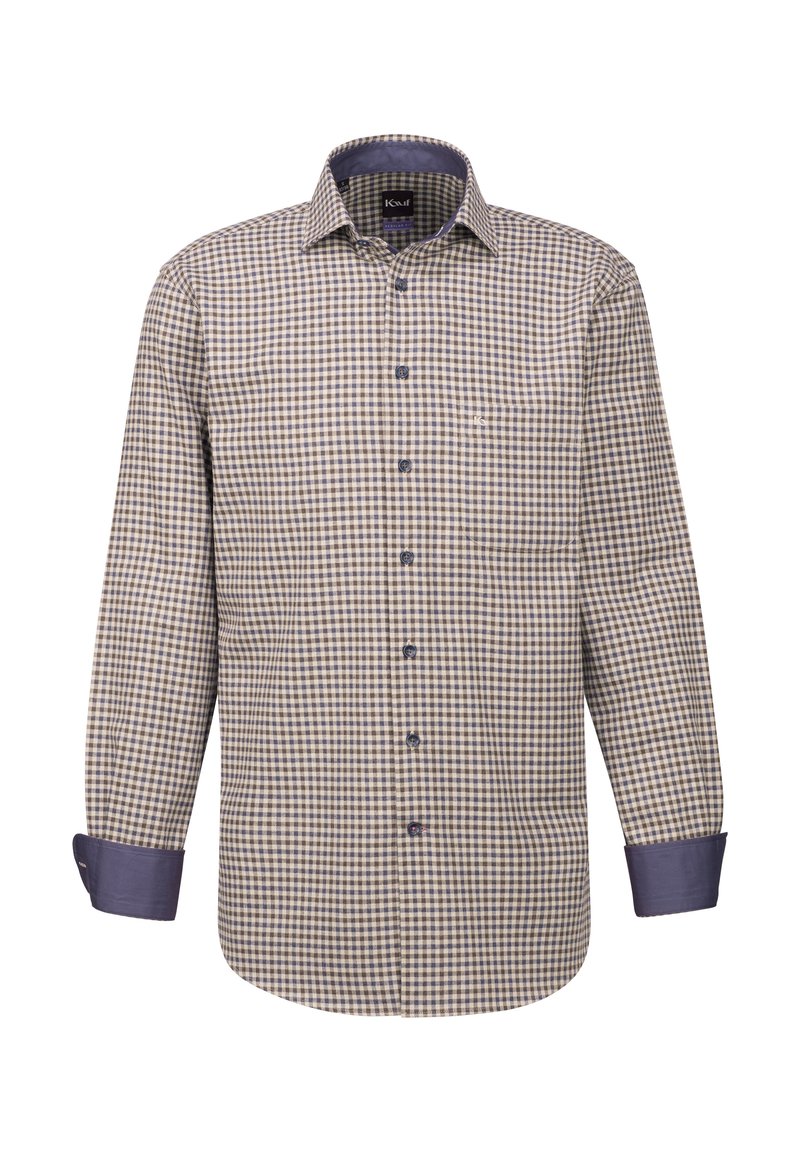 Camicia a maniche lunghe a quadri in beige e blu navy, con colletto button-down, polsini blu navy a contrasto e un logo discreto sul petto.