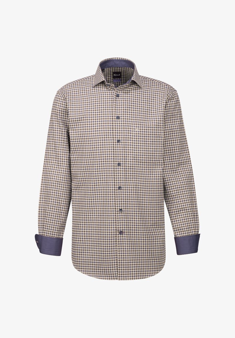 Camicia a maniche lunghe a quadri in beige e blu navy, con colletto button-down, polsini blu navy a contrasto e un logo discreto sul petto.