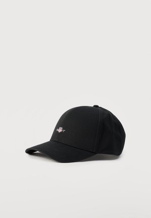 Black baseball cap with curved brim and small white logo embroidered on front, displayed against plain white background.