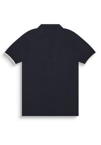 Polo shirt navy con maniche corte, tessuto testurizzato e colletto classico. Presenta rifiniture a contrasto color crema lungo i bordi delle maniche.