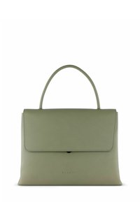 Borsa a mano in pelle verde con design strutturato, forma rettangolare, colore solido, chiusura a patta magnetica e logo impresso sul davanti.