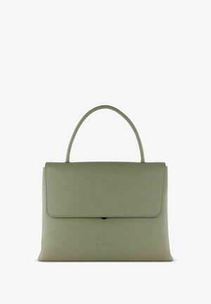 Borsa a mano in pelle verde con design strutturato, forma rettangolare, colore solido, chiusura a patta magnetica e logo impresso sul davanti.
