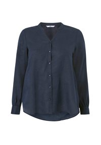 Námořnická modrá košile s dlouhým rukávem, která má výstřih do V, zapínání na knoflíky a volný střih s mírně zakřiveným lemem a nařasenými manžetami.