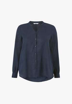 Marineblaue Langarmbluse mit V-Ausschnitt, Knopfverschluss und lockerer Passform, leicht abgerundetem Saum und gerafften Ärmelbündchen.