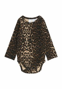 Ilgas rankovės kūdikių bodis juodos ir rusvų leopardų rašto, pagamintas iš minkštos medžiagos su spaudėmis apačioje, kad būtų lengva apsirengti.