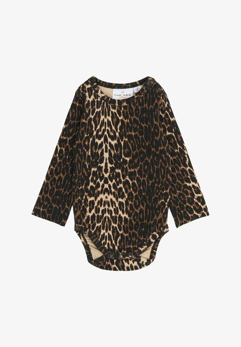 Bodi z dolgimi rokavi za dojenčke v črno-rjavem leopardjem vzorcu, izdelan iz mehkega materiala z gumbi na dnu za enostavno oblačenje.