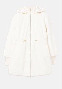 Witte hoodie met ritssluiting, trekkoord in de taille en twee voorzakken. Heeft gouden hardwareaccenten en een gladde textuur.