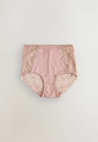 Pink high-waist women's underwear with floral lace panels on sides and lace trim around the leg openings laid flat.
