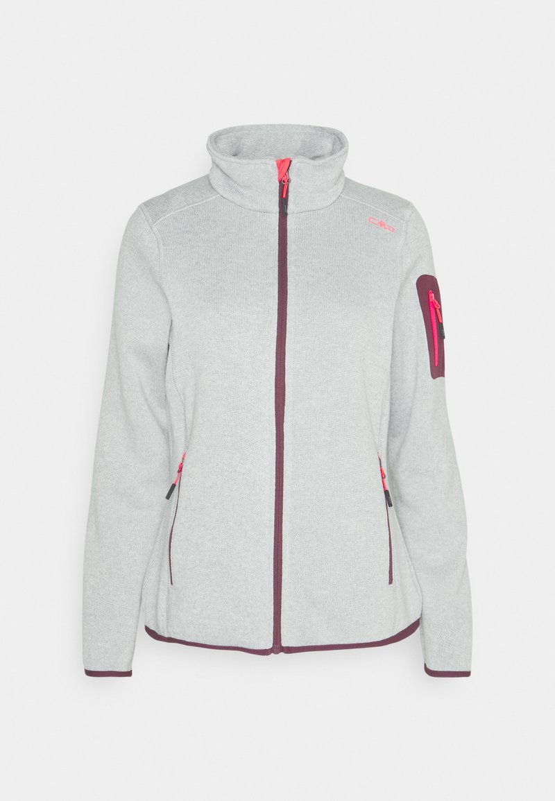 Graue Fleecejacke mit hohem Kragen, kontrastierenden rosa Reißverschlüssen und zwei Seitentaschen. Besitzt eine Armtasche mit einem Reißverschluss.