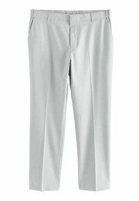 Pantalones de vestir gris claro hechos de un tejido suave, con corte recto, trabillas para cinturón y dos bolsillos laterales. Diseño de frente plano sin patrones.