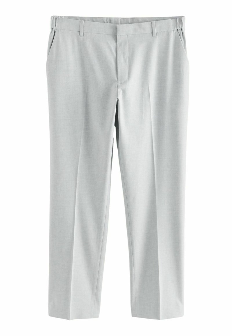 Pantalones de vestir gris claro hechos de un tejido suave, con corte recto, trabillas para cinturón y dos bolsillos laterales. Diseño de frente plano sin patrones.